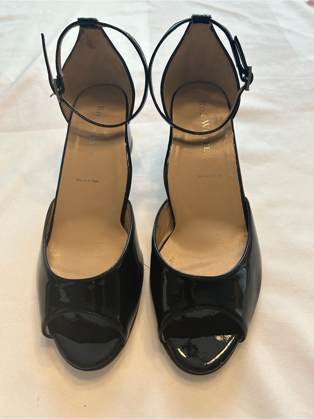 Ron White Black Patent Leather Open-Toe Ankle-Strap 2 inch heels Made in Italy